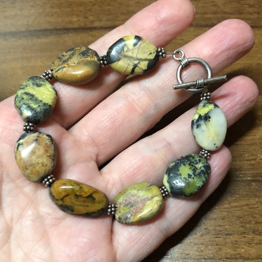 Bumblebee Jasper & Serpentine Bracelet Handmade Gemstone Toggle Clasp Boho - Picture 2 of 2